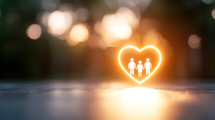 A glowing heart symbol with silhouettes of a family, representing love, unity, and togetherness in a serene natural setting.