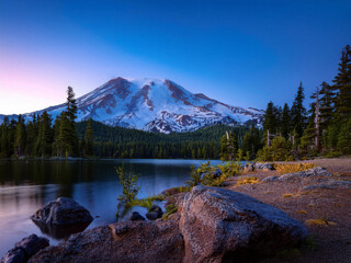 mountain and lake at blue hour