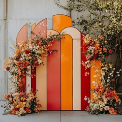 Poster - Colorful geometric backdrop with floral arrangement.