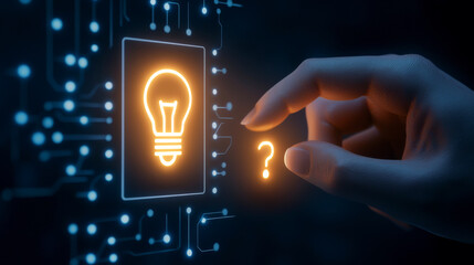 A hand interacts with a glowing light bulb symbol against a dark background, representing ideas and innovation in technology.