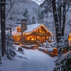 Wall Mural - Cozy cabin nestled in a snowy forest with warm lights illuminating the path.