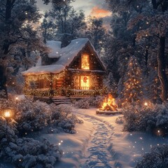 Wall Mural - Cozy cabin with Christmas lights and a bonfire in the snow.