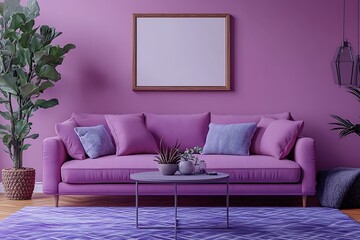 Cozy purple living room with modern decor.