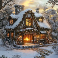 Canvas Print - Cozy cottage with a roaring fireplace adorned with Christmas lights and garlands, nestled in a snowy forest.