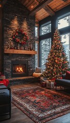 Poster - Cozy living room decorated for Christmas with fireplace, a decorated tree, a wreath, and presents.