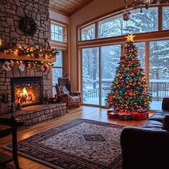 Canvas Print - Cozy living room with a decorated Christmas tree, fireplace, and a snowy view outside the window.