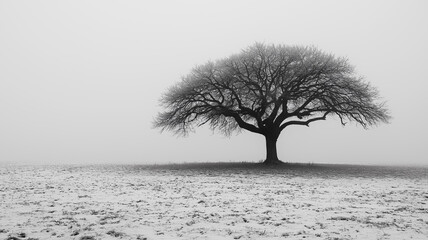 Canvas Print - A large tree stands alone in a field of snow. Concept of solitude and stillness, as the tree is the only visible element in the scene