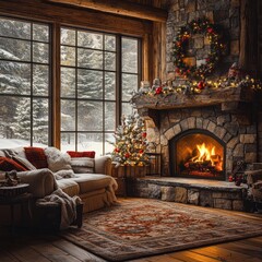 Sticker - Cozy living room with fireplace and Christmas decorations.