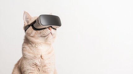 Wall Mural - a british shorthair cat wearing a virtual reality VR headset on a white studio background