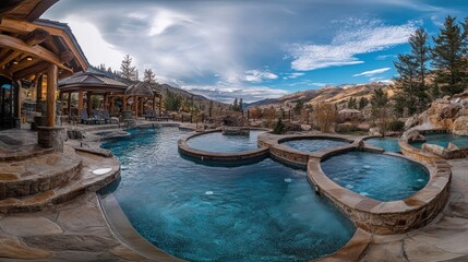 Wall Mural - A luxurious outdoor pool and hot tub area with a mountain view.