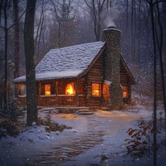 Wall Mural - Cozy log cabin in a snowy forest with warm lights glowing from windows.