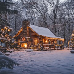 Wall Mural - Cozy log cabin with a fireplace and Christmas lights, glowing in the winter snow.