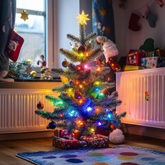 Sticker - Decorated Christmas tree with colorful lights and presents under it in a living room.