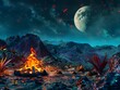 © Bussakon - Glowing Campfire in Alien Landscape with Distant Otherworldly Moon