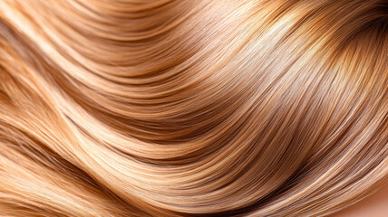 Close-up view of shiny, wavy, caramel-colored hair with smooth texture for hair care and beauty imagery