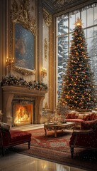 Canvas Print - Elegant living room with a decorated Christmas tree, fireplace, and large windows overlooking a snowy landscape.