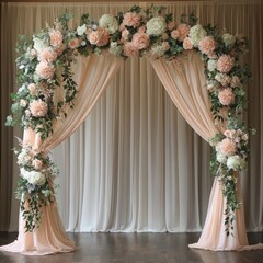 Poster - Elegant peach and white floral wedding arch with sheer fabric backdrop.