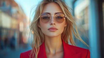 Stylish woman in red blazer with sunglasses standing outdoors, confident and independent attitude, city buildings in background, urban lifestyle, fashion-forward, street style, bold expression