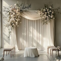 Sticker - Elegant white floral archway with sheer fabric drapes and a small table with white linens in a minimalist setting.