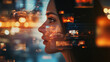 © Alina Tymofieieva - A thoughtful woman gazes into a digital world filled with vibrant images at dusk in an urban setting