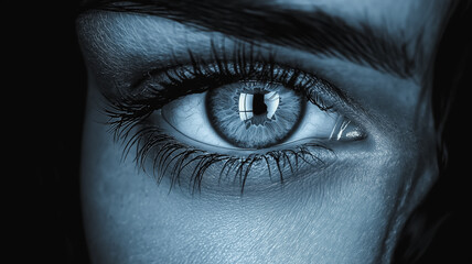 A woman's eye is shown in a blue and black color scheme. The eye is large and has long lashes. The eye is surrounded by a dark background, which emphasizes the eye's size and shape