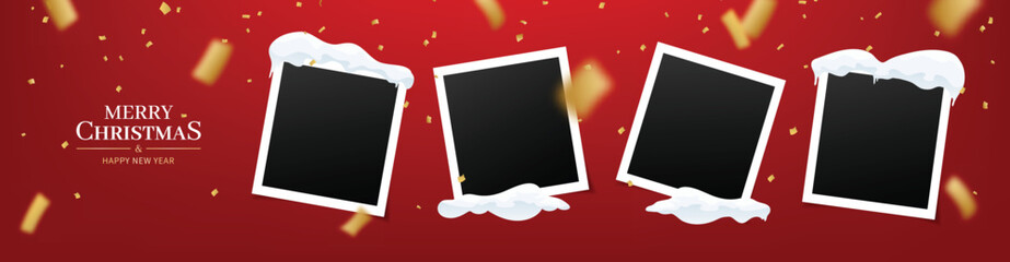 Poster - Merry Christmas banner with confetti, snow caps, snow drifts and vintage instant photo frames for christmas and happy new year promotion banner design on red background
