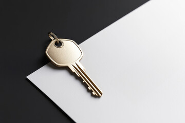 Close-up of a modern gold key resting on a blank sheet, symbolizing security and access for homes and offices.