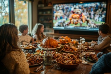 Canvas Print - Family gathered around a table, watching a football game on TV while enjoying a Thanksgiving feast.