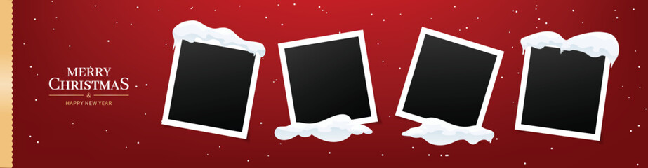 Poster - Merry Christmas horizontal banner with 4 instant vintage photo frames. Falling snow on red background. Banner template, golden text Merry Christmas and Happy New Year. White snowdrifts, snow caps.