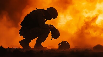 A man in a military uniform is kneeling on the ground, looking at a helmet