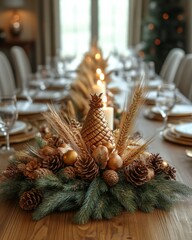 Canvas Print - Festive centerpiece with pine cones, wheat, and a gold pineapple.