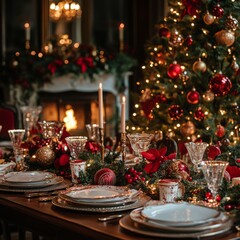 Poster - Festive Christmas table setting with a fireplace and a decorated Christmas tree in the background.