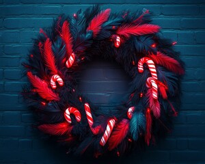 Canvas Print - Festive red and black feather wreath with candy canes on a dark brick wall.