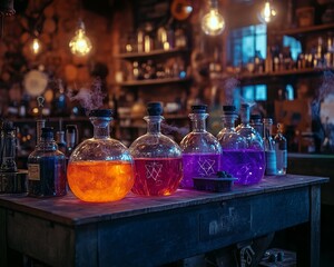 Poster - Five glass bottles filled with colorful liquids on a wooden table in a dimly lit room.