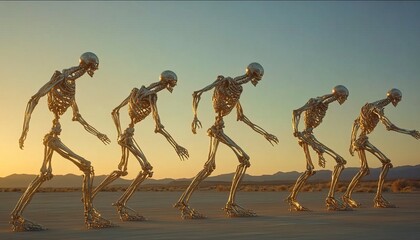 Canvas Print - Five golden skeletons in a line, walking across a desert at sunset.