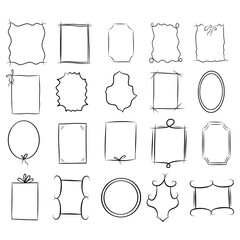Hand drawn frames. Vintage doodle sketch picture frame. Hand Drawn Frames Collection on White background, round, vertical and square frames
