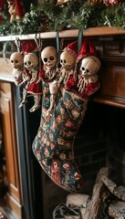 Poster - Five skeleton ornaments hanging from a Christmas stocking on a fireplace mantel.