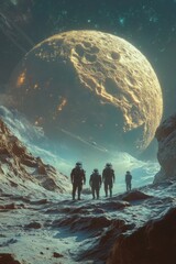 Canvas Print - Four astronauts stand on an alien planet, gazing at a large moon in the sky.