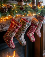 Wall Mural - Four Christmas stockings hang over a fireplace with a roaring fire.