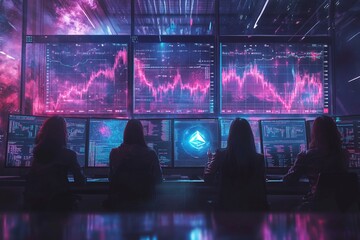 Poster - Four women watch stock market data on multiple monitors.