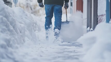 Snow covered driveway outside the house. shoveling snow, winter scene, cold weather and chores, shoveling snow off the driveway, exterior entrance maintenance and seasonal chores. Banner, wallpaper.