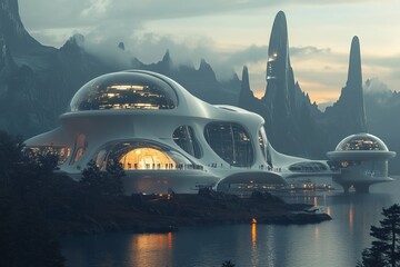 Poster - Futuristic city with domed buildings, a lake and mountains.