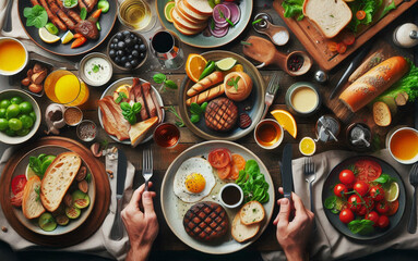 Sticker - A luxurious breakfast table filled with a variety of dishes, including fresh bread, eggs, vegetables, and juices, offering a rich and vibrant culinary experience