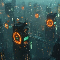 Sticker - Futuristic city with glowing neon signs and fog.