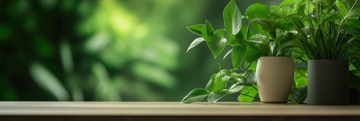 A serene image of green plants in pots resting on a wooden table with a blurred natural background, symbolizing tranquility and the beauty of nature.