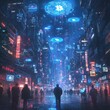 © PuiZera - Futuristic cityscape with flying Bitcoin symbols and glowing neon signs.