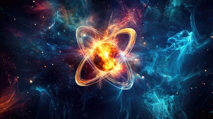 Wall Mural - realistic colorful and bold depiction of 2 atom structures colliding in space. the background should