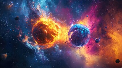 Wall Mural - realistic colorful and bold depiction of 2 atom structures colliding in space. the background should