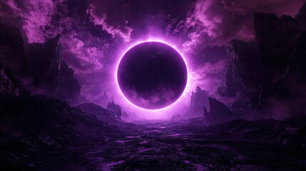 Wall Mural - realistic purple cyberpunk outer space background and circular hole in the middle