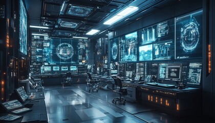 futuristic control room with multiple computer screens displaying data and information.